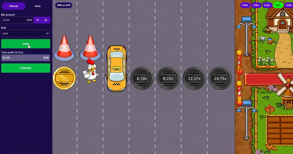 Chicken road game with taxi, multipliers and jump button